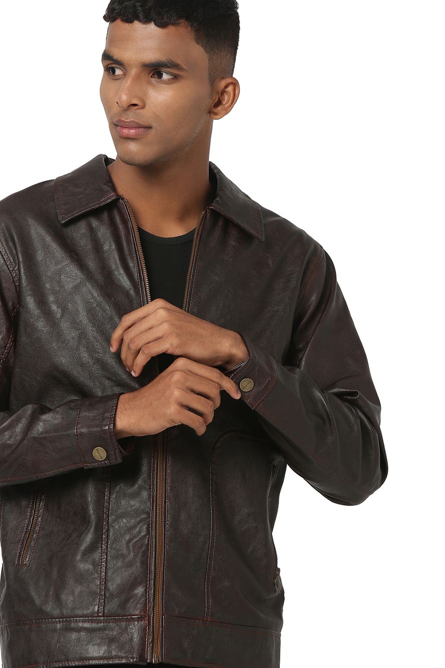Faux Leather Trucker Jacket With Gussetted Back