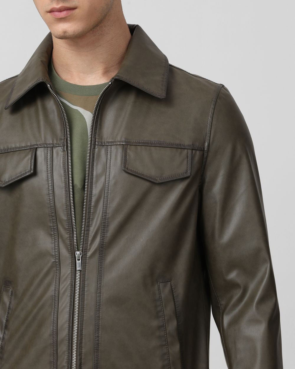 Olive Faux Leather Biker Slim Fit Jacket