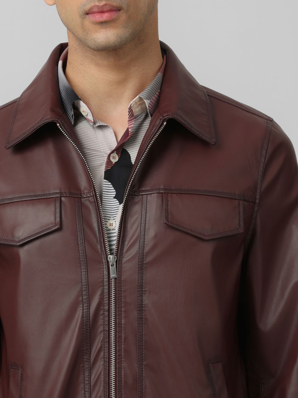 Maroon Faux Leather Biker Slim Fit Jacket