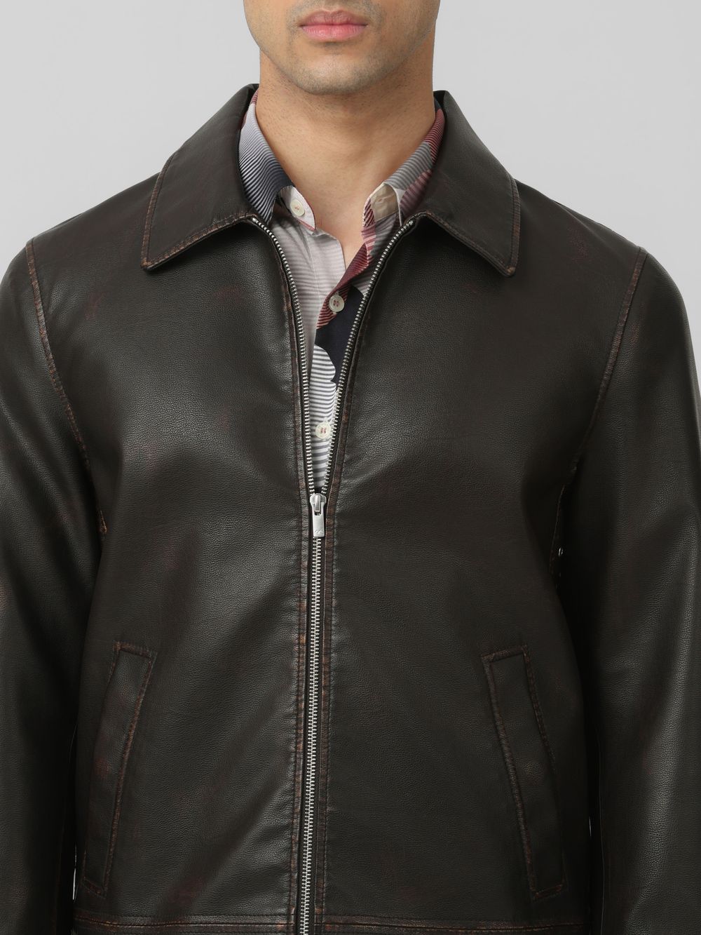 Brown Faux Leather Zip Thru Slim Fit Jacket