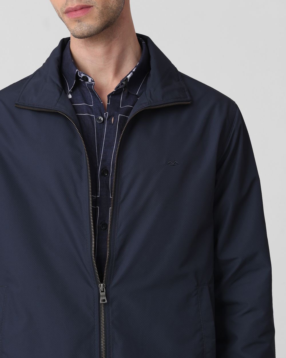 Navy Textured Zip Thru Slim Fit Jacket