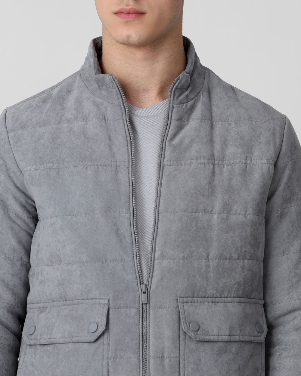Grey Quilted Suede Slim Fit Jacket