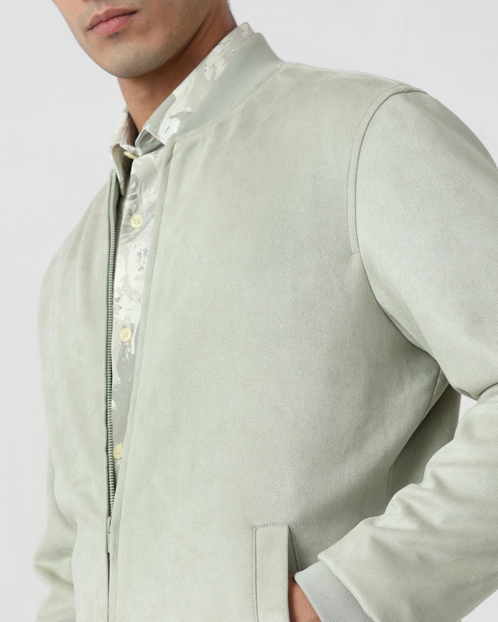 Light Olive Suede Bomber Slim Fit Jacket