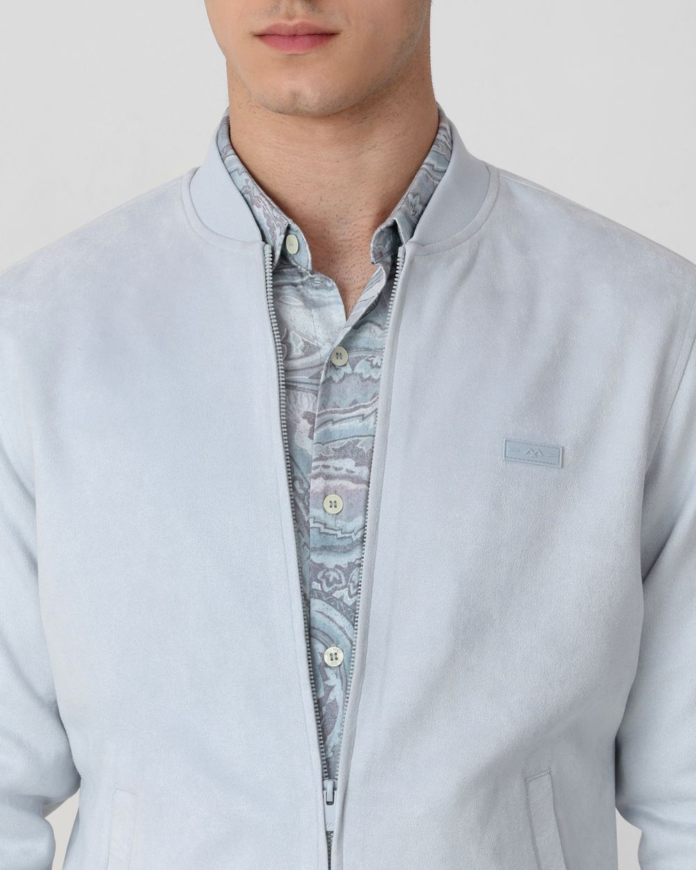 Light Grey Suede Bomber Slim Fit Jacket