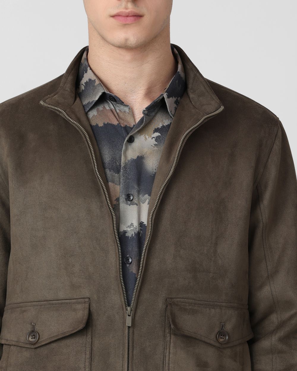 Olive Suede Bomber Slim Fit Jacket