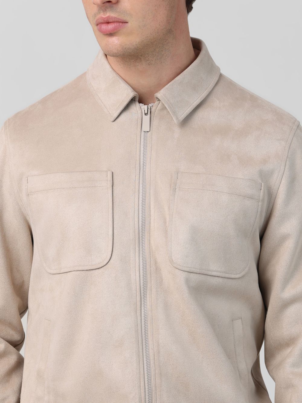 Beige Suede Jacket With Chest Pockets