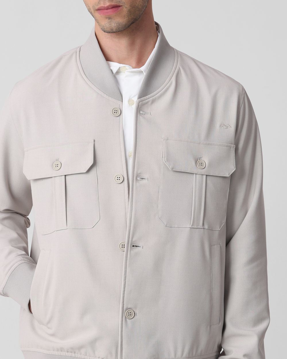 Light Grey Double Pocket Bomber Relaxed Fit Jacket