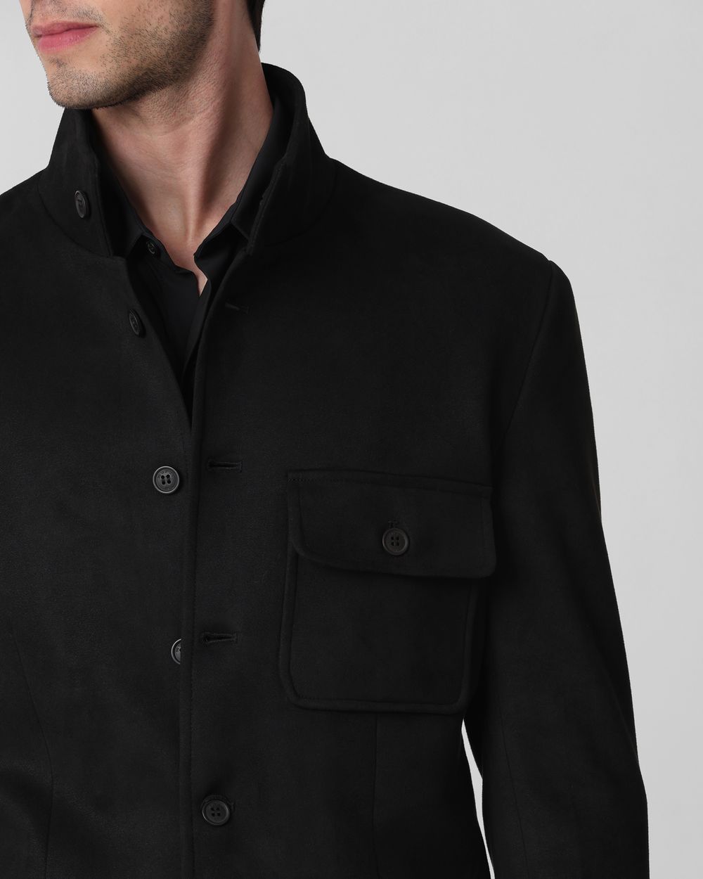 Black Button Down Suede Slim Fit Jacket