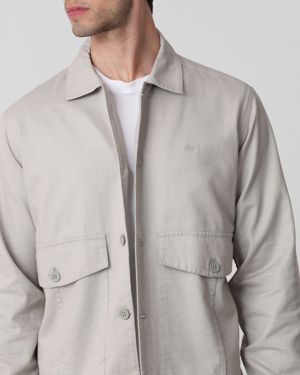 Grey Solid Button Down Relaxed Fit Jacket