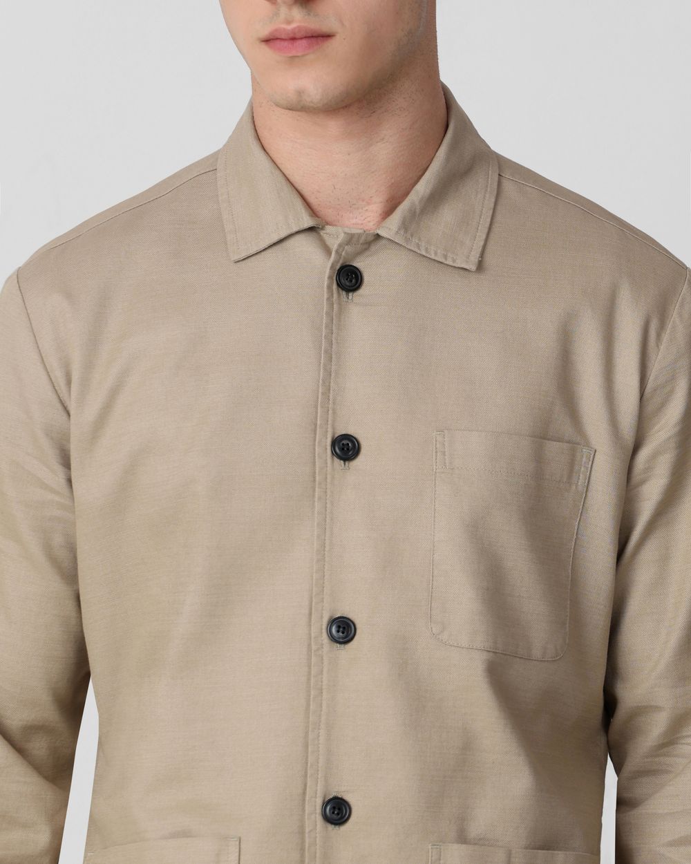 Khaki Solid Button Down Relaxed Fit Jacket