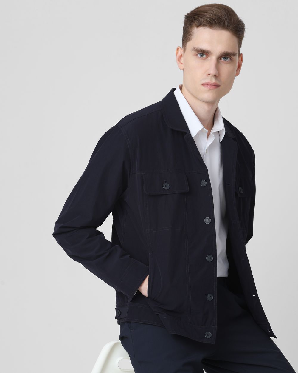 Navy Lightweight Notch Collar Nylon Trucker Jacket