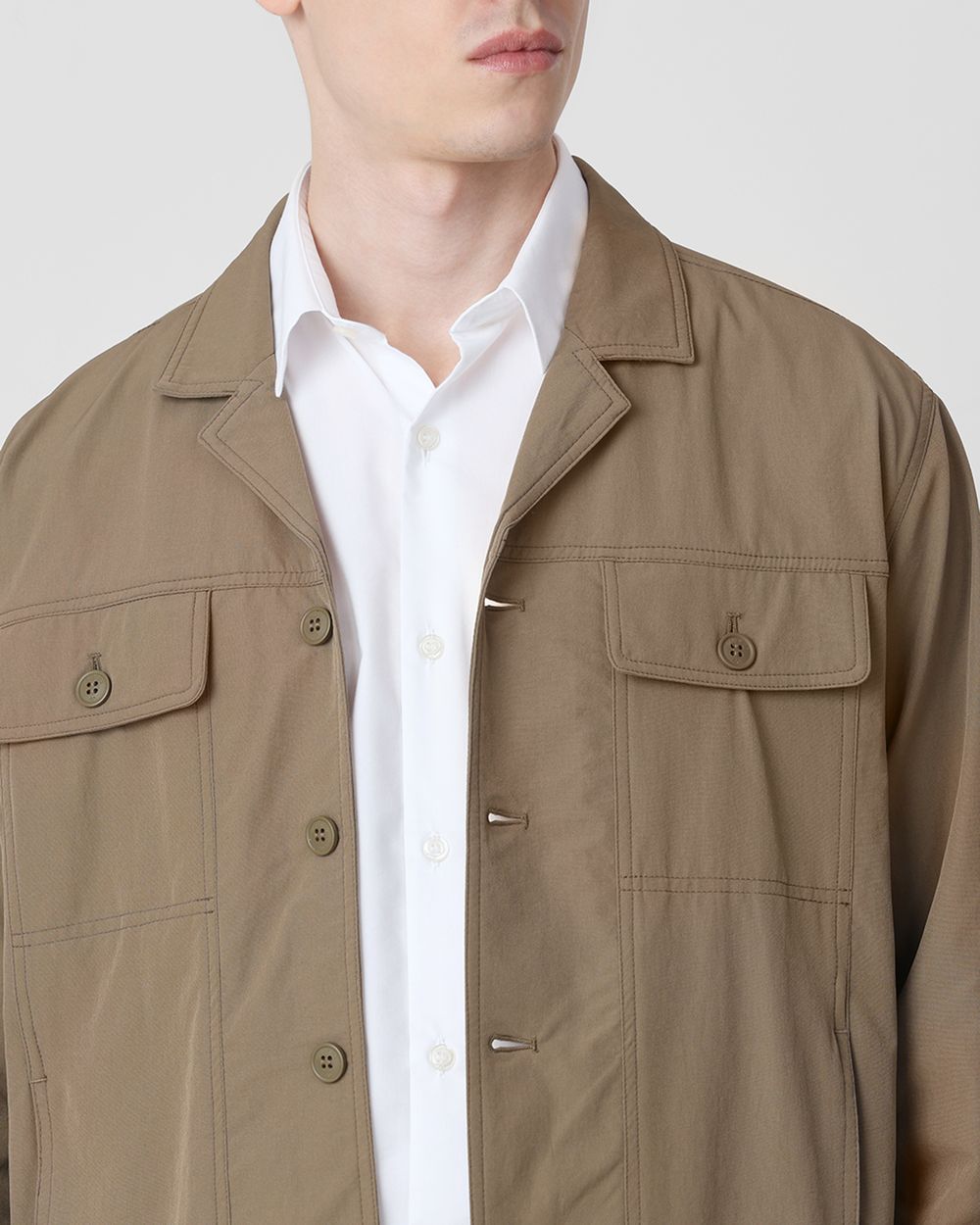 Khaki Lightweight Notch Collar Nylon Trucker Jacket