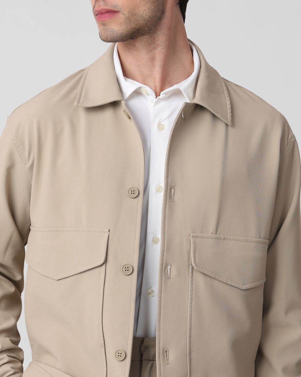 Beige Solid Button Down Relaxed Fit Jacket