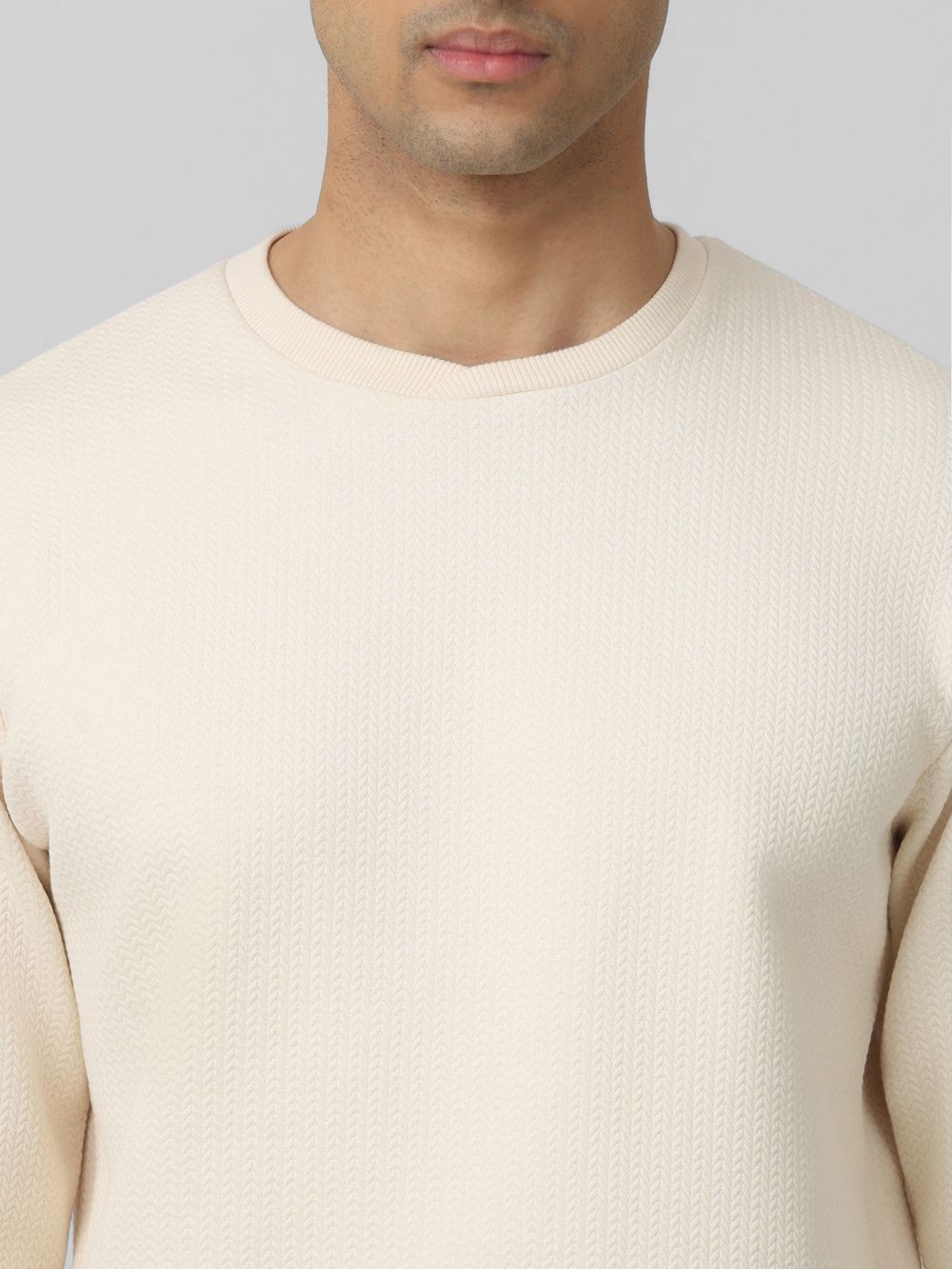 Off White Herringbone Plain Slim Fit Sweatshirt