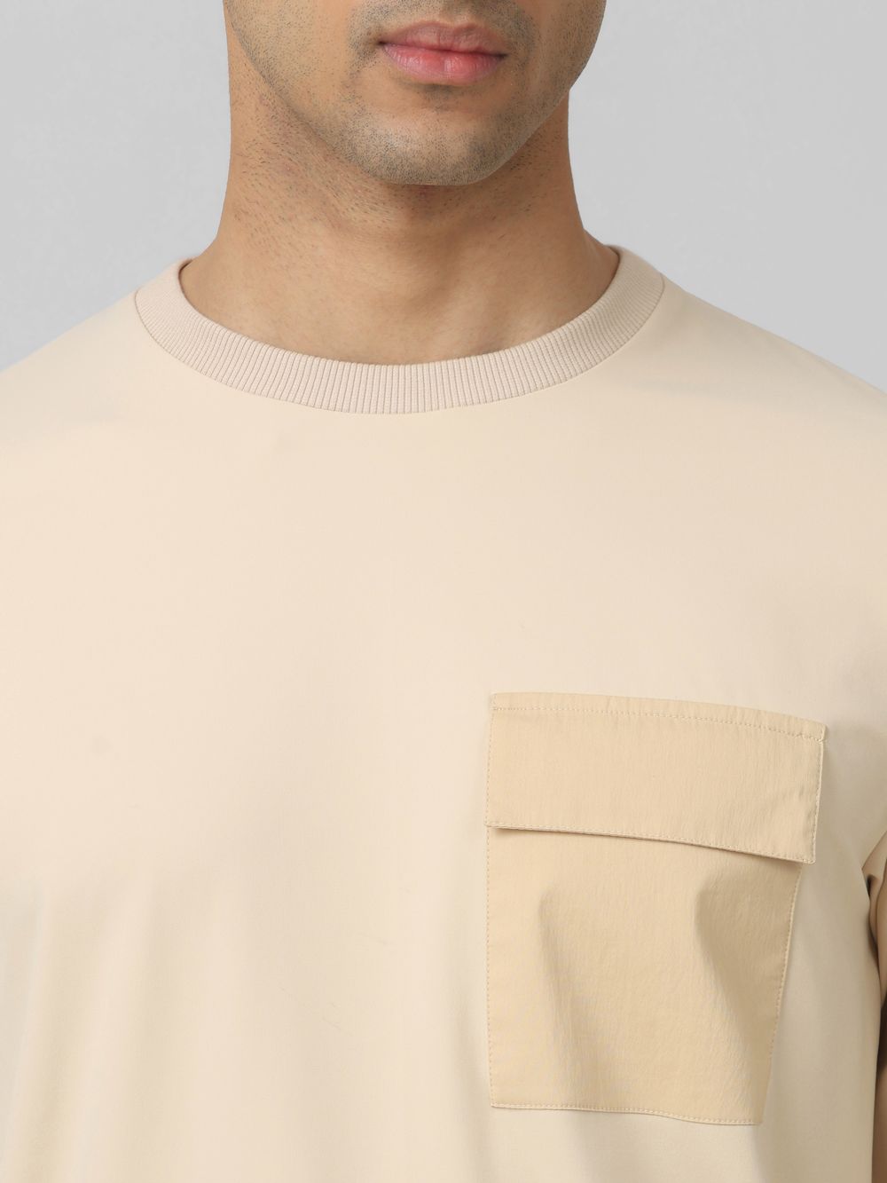 Beige Patch Pocket Plain Slim Fit T-Shirt