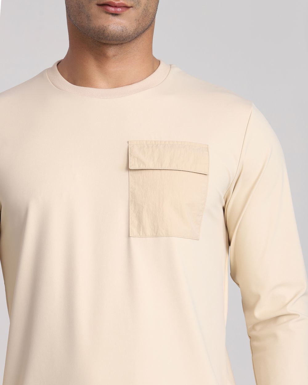 Beige Patch Pocket Plain Slim Fit T-Shirt