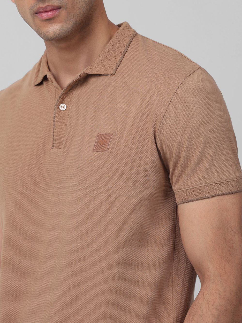 Brown Textured Plain Slim Fit Polo