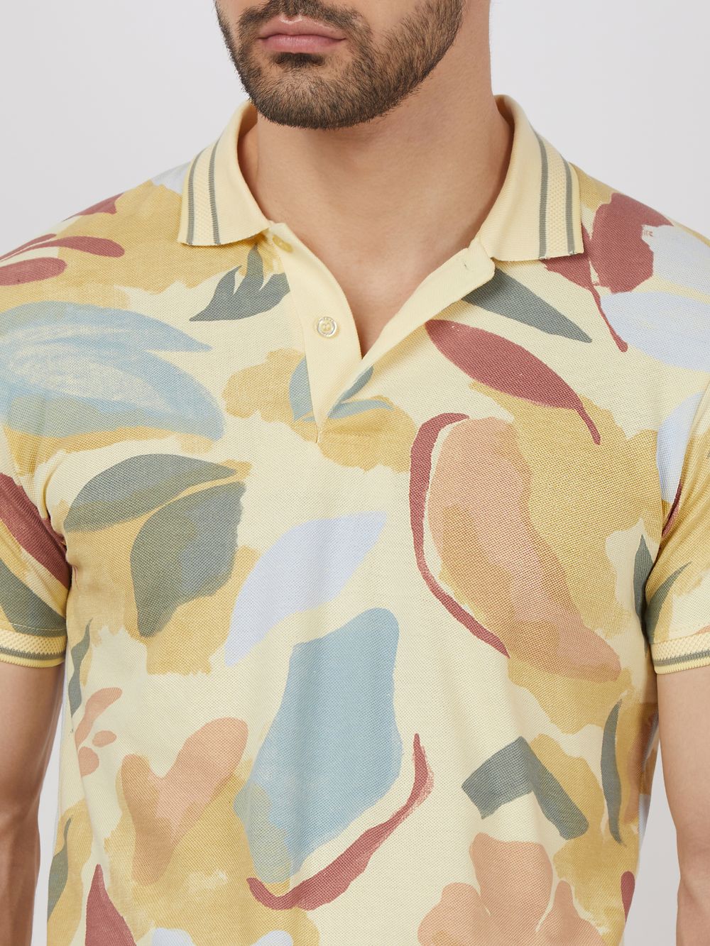 Light Yellow Floral Print Slim Fit Pique Polo