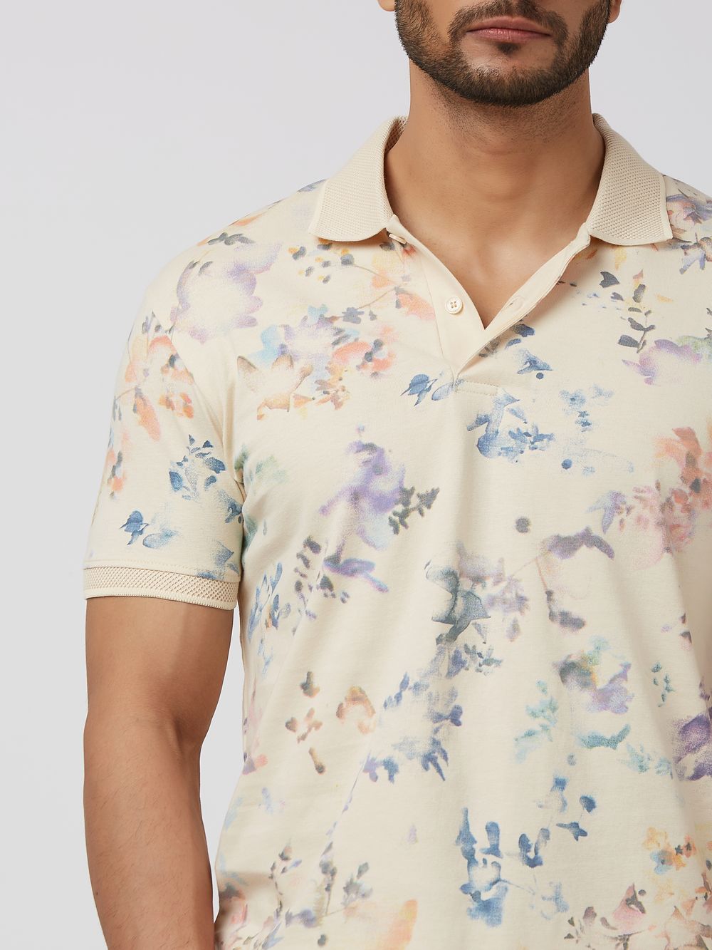 Off White Floral Print Slim Fit Polo