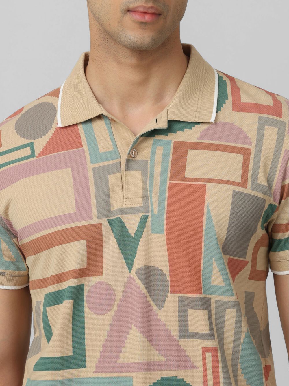 Beige Geometric Print Slim Fit Polo