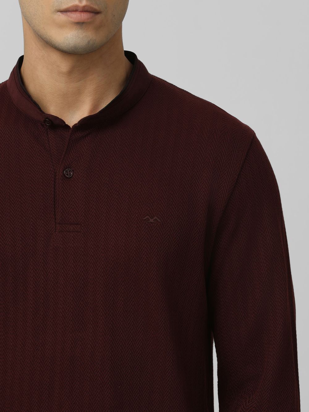 Maroon Textured Plain Full Sleeve Casual T-Shirt