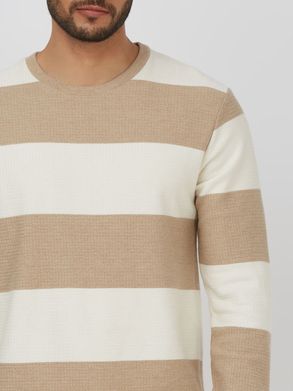 Beige Textured Stripe Slim Fit Textured Jersey T-Shirt