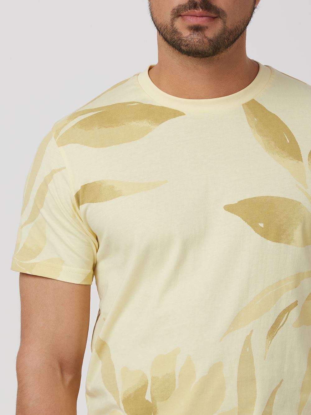 Light Yellow Leaf Print Slim Fit T-Shirt