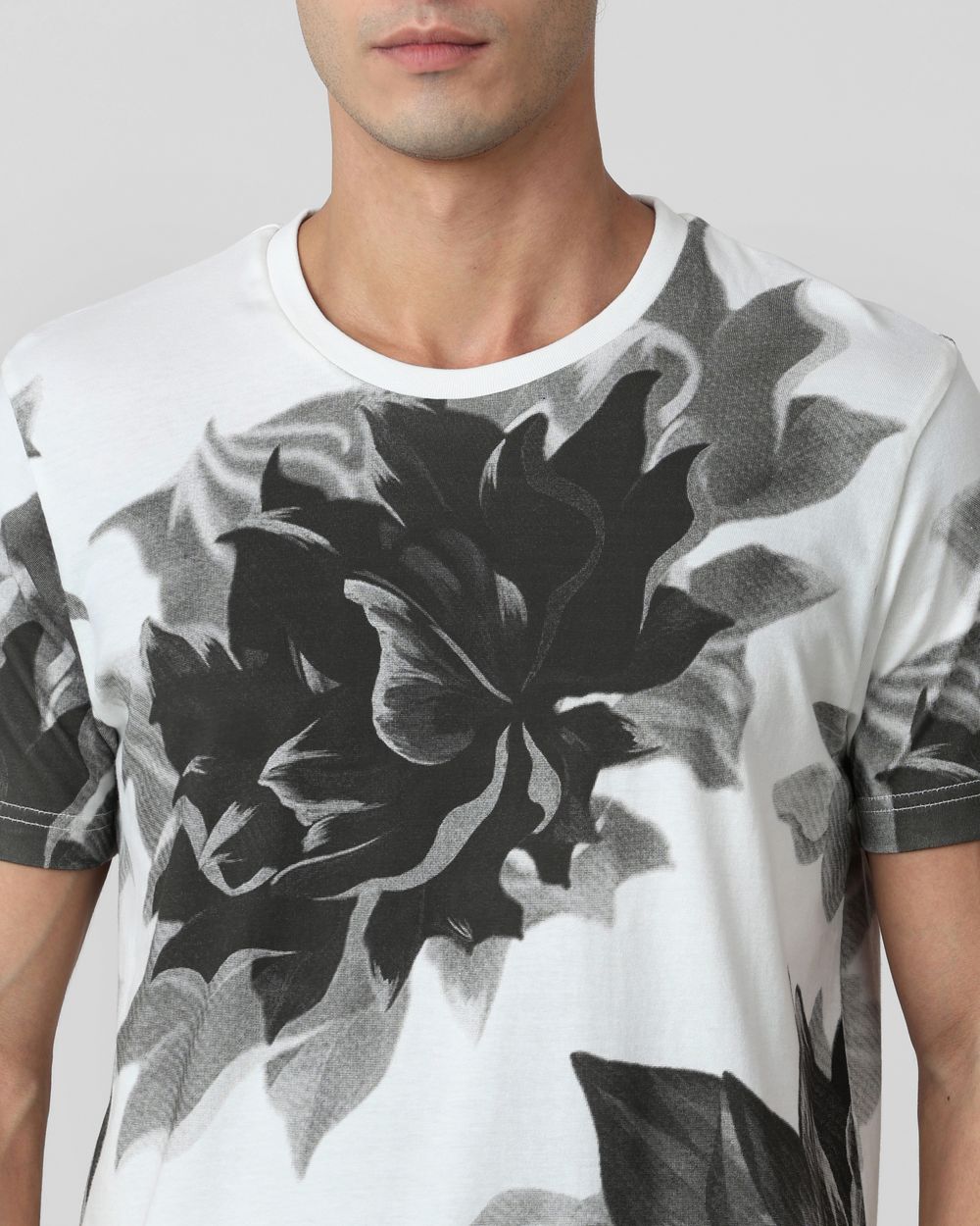 Grey Floral Print Slim Fit T-Shirt