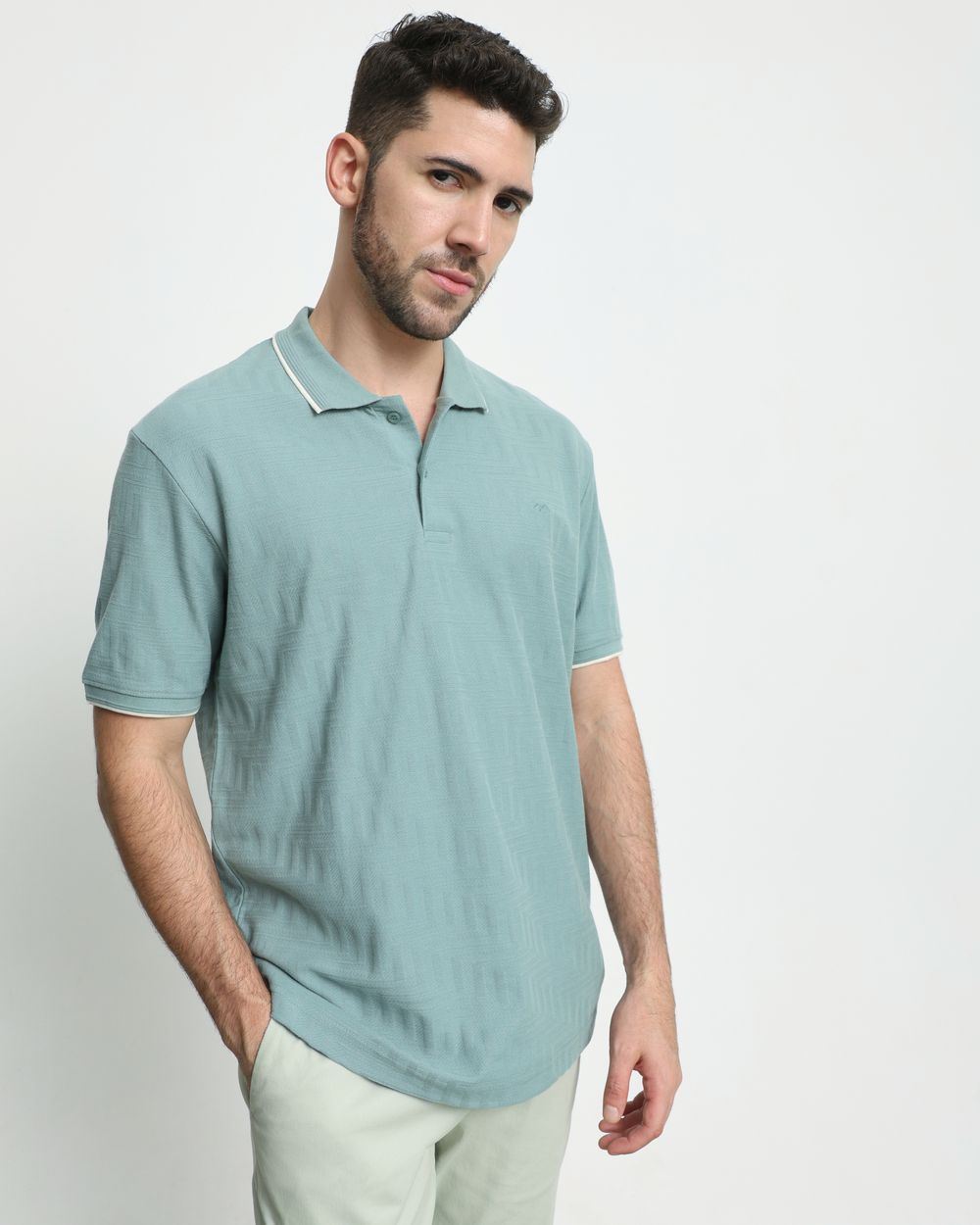 Green Textured Jacquard Regular Fit T-Shirt