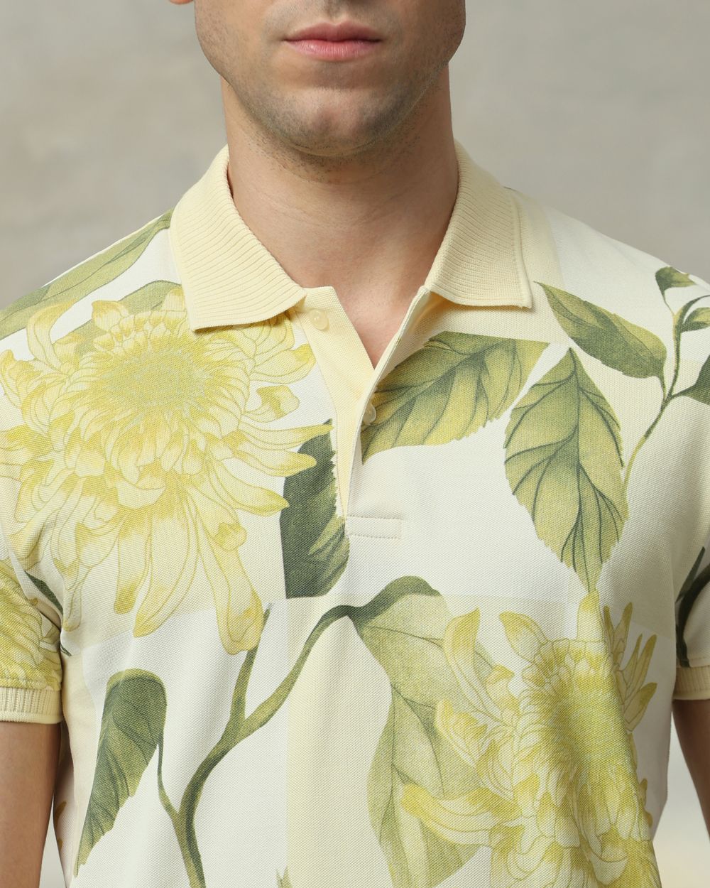 Light Yellow Floral Print Slim Fit T-Shirt