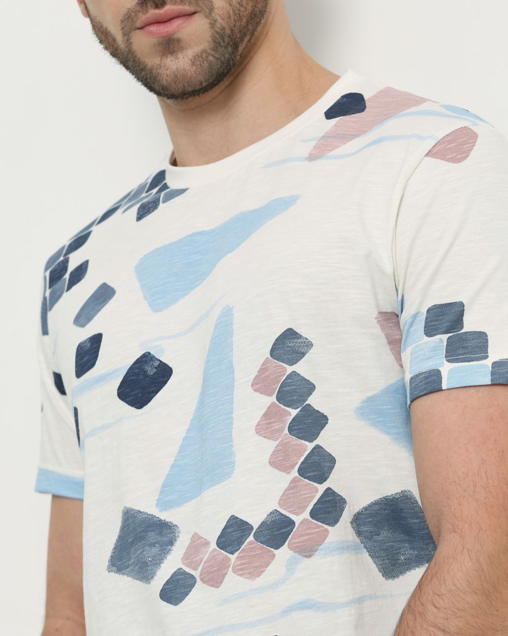 White Geometric Print Slim Fit T-Shirt