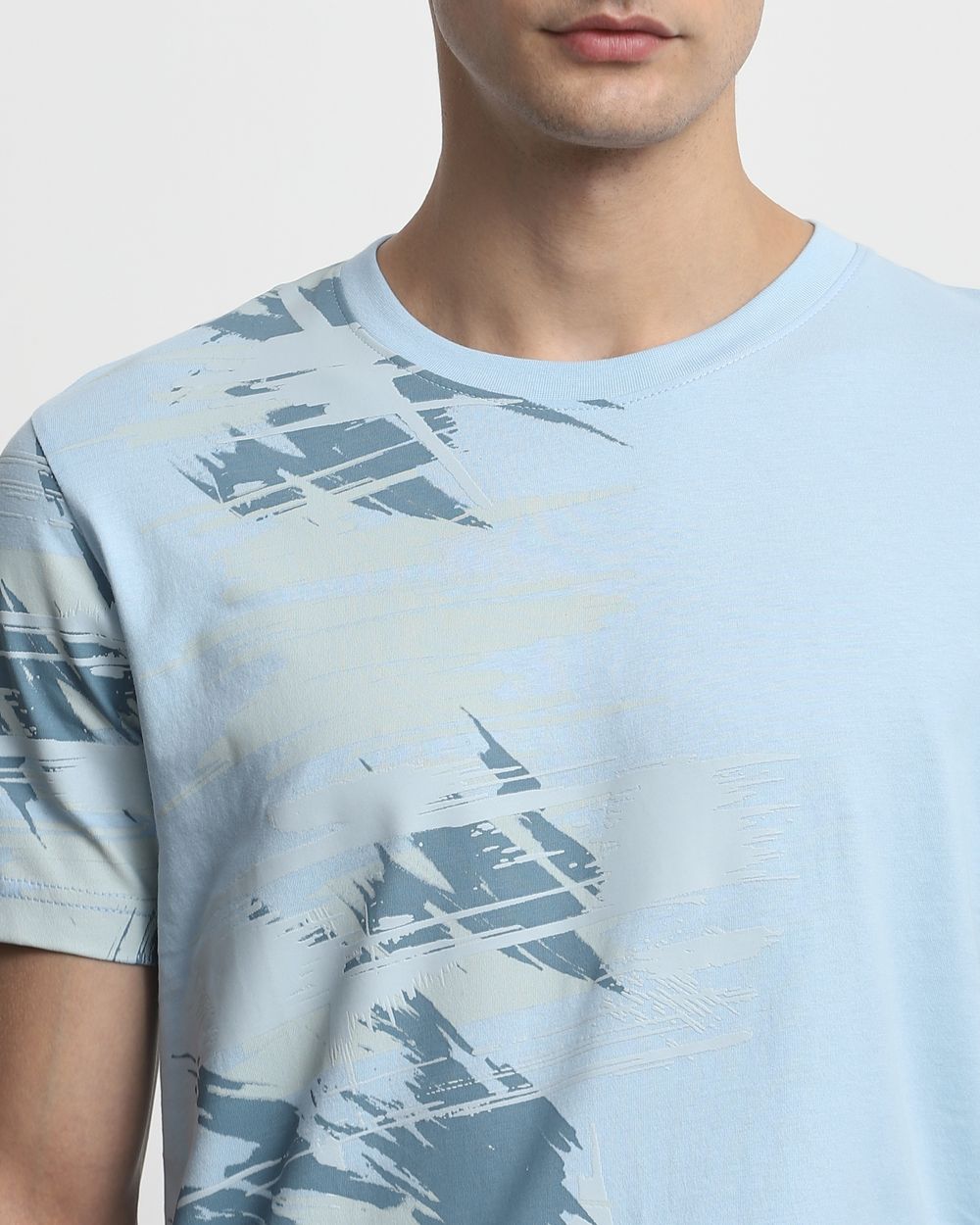 Light Blue Abstract Print Slim Fit T-Shirt