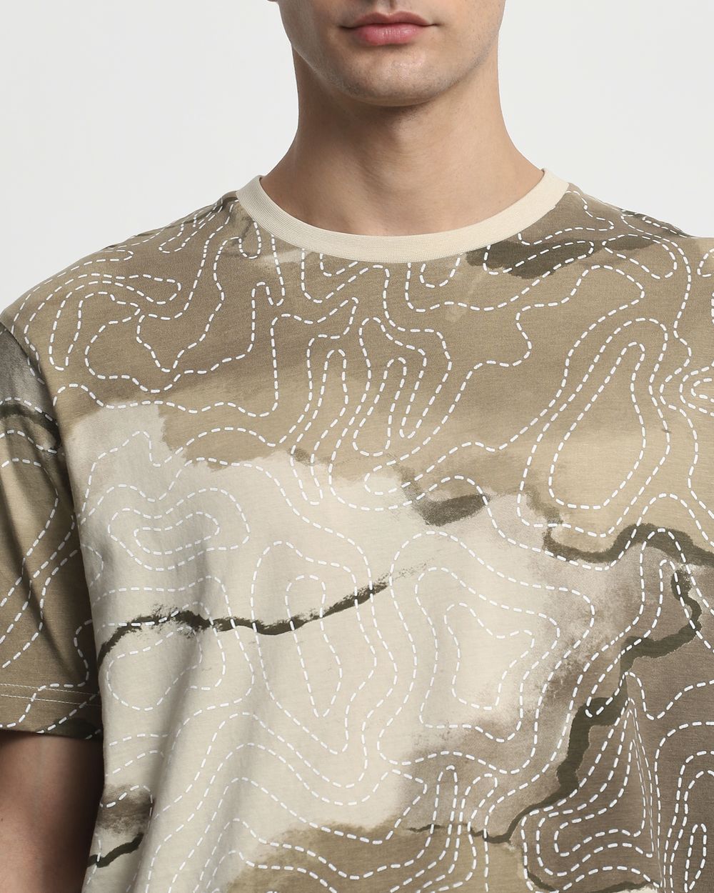 Beige Abstract Print Slim Fit T-Shirt