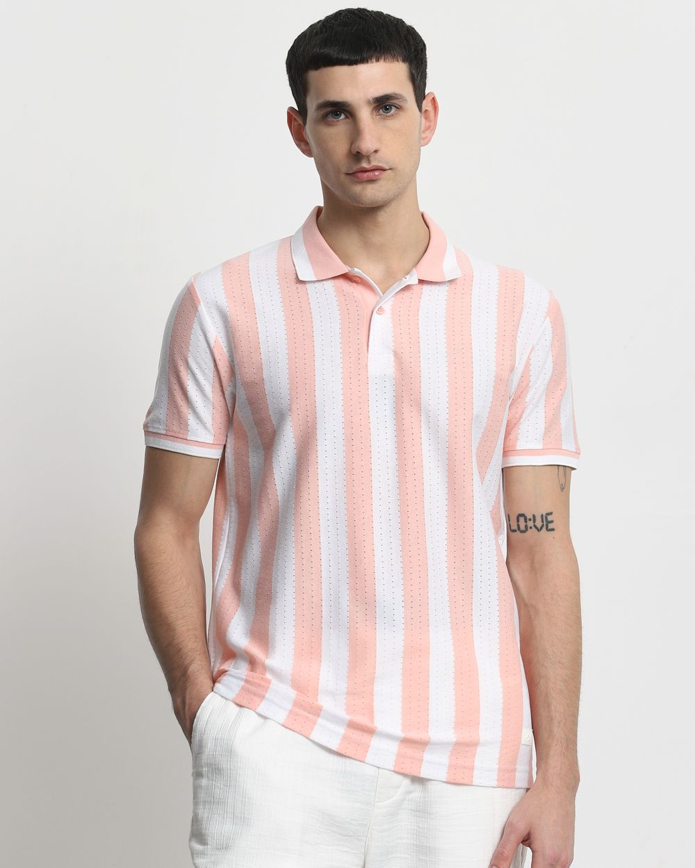 Peach Textured Stripe Slim Fit T-Shirt