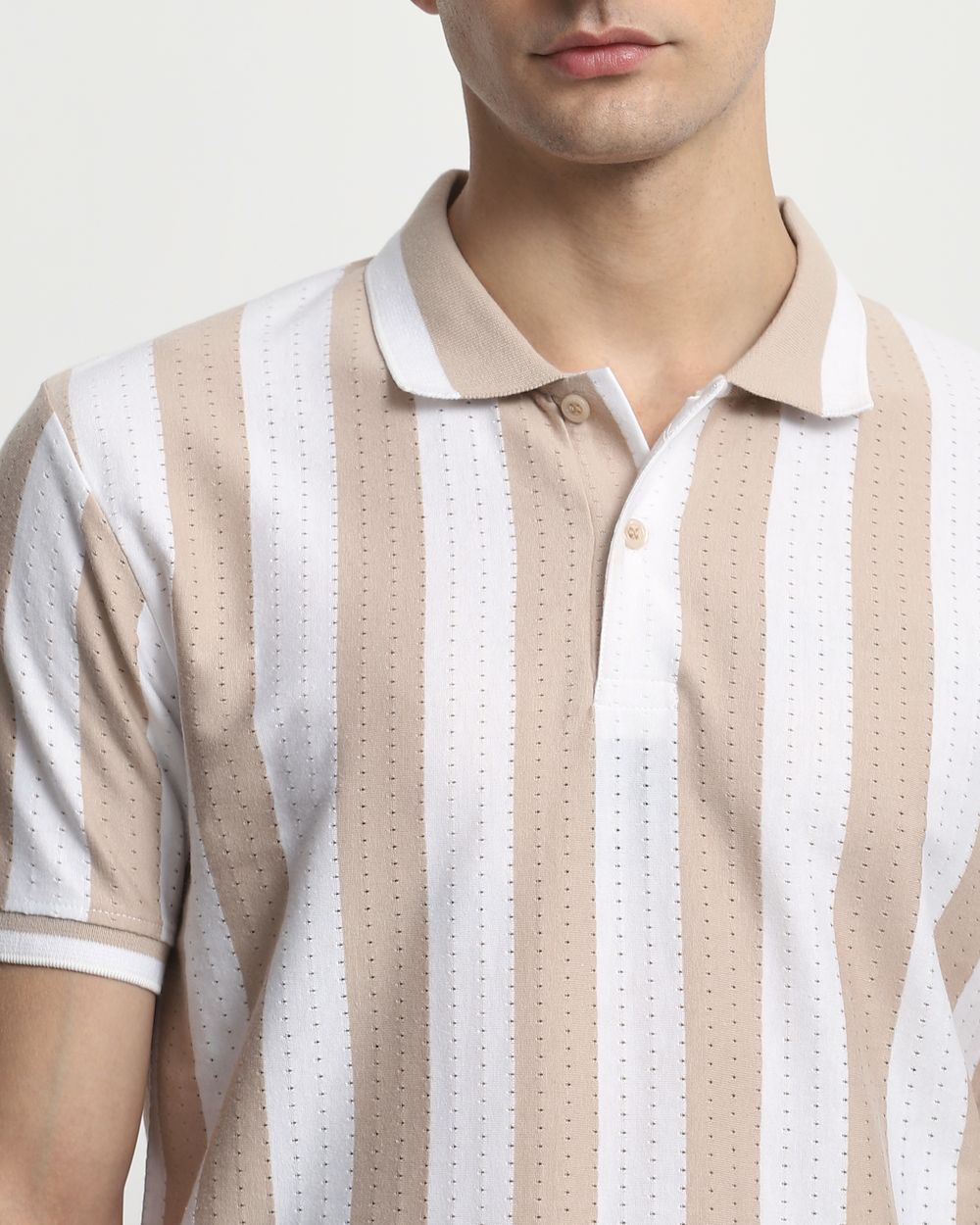 Beige Textured Stripe Slim Fit T-Shirt