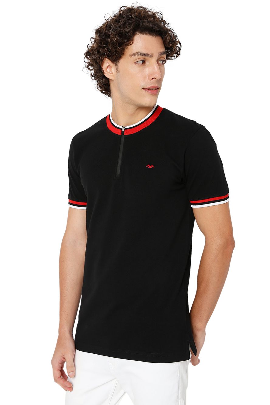 Black Tipped Collar Knnitted Pique Henley