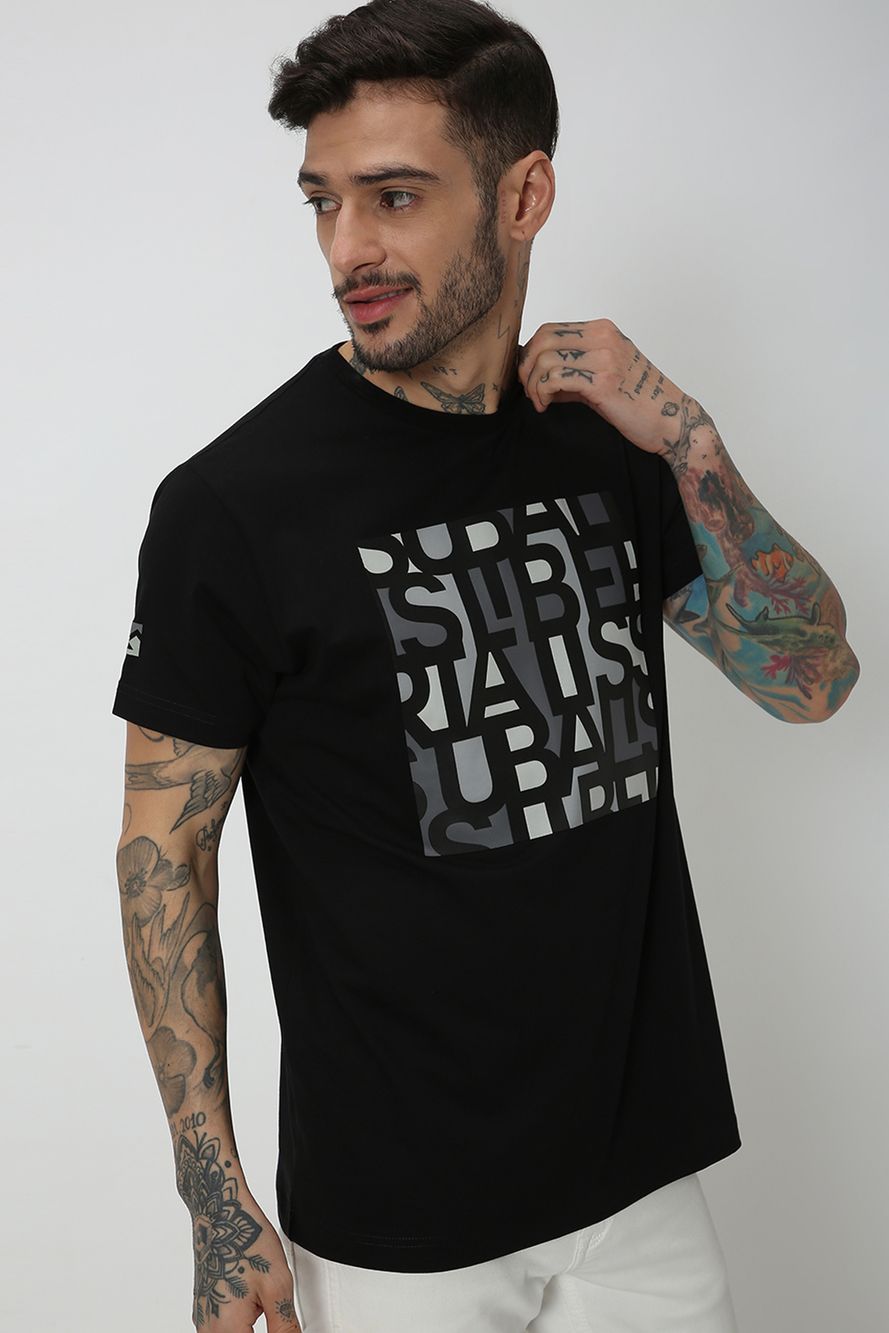 Black Printed Knitted Jersey Graphic T-Shirt