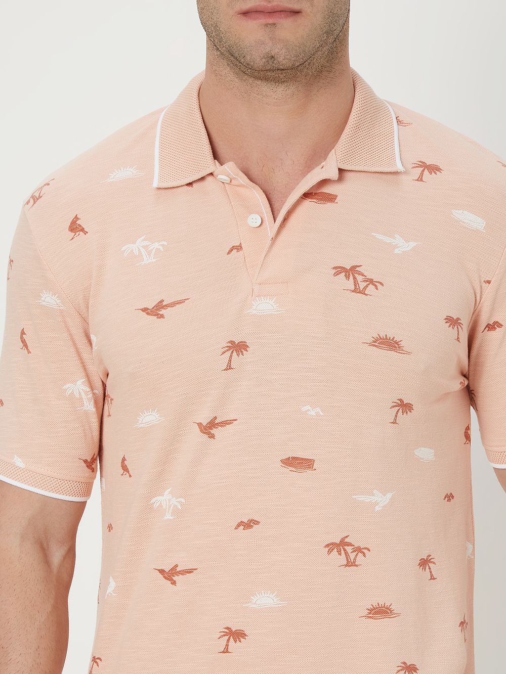 Peach & White Palm Print Polo T-Shirt