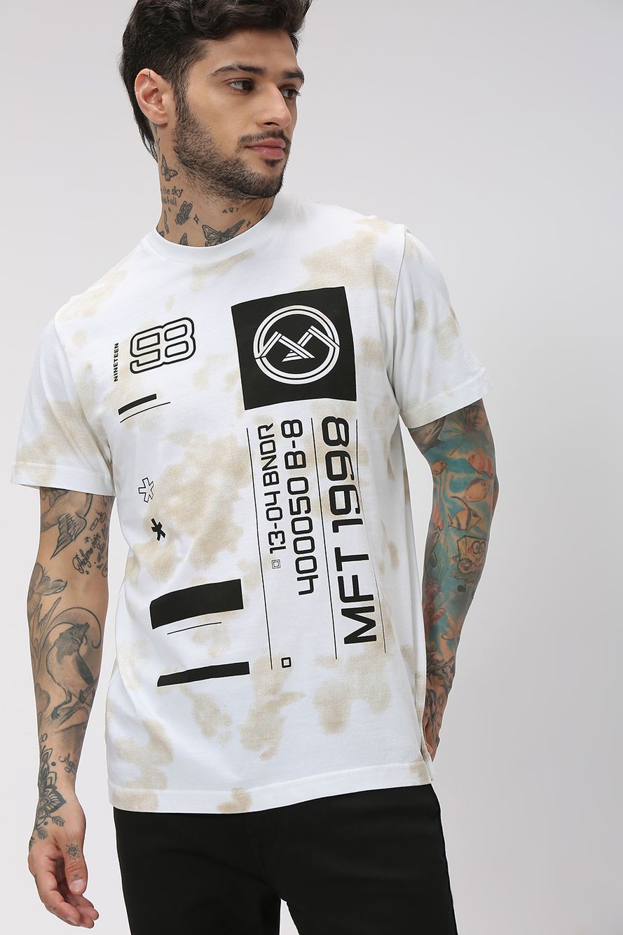 White & Beige Graphic Print T-Shirt