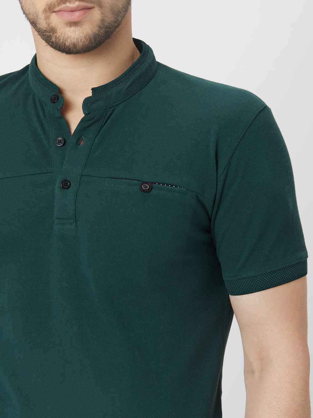 Green & Black Cut & Sew Pique Henley T-Shirt