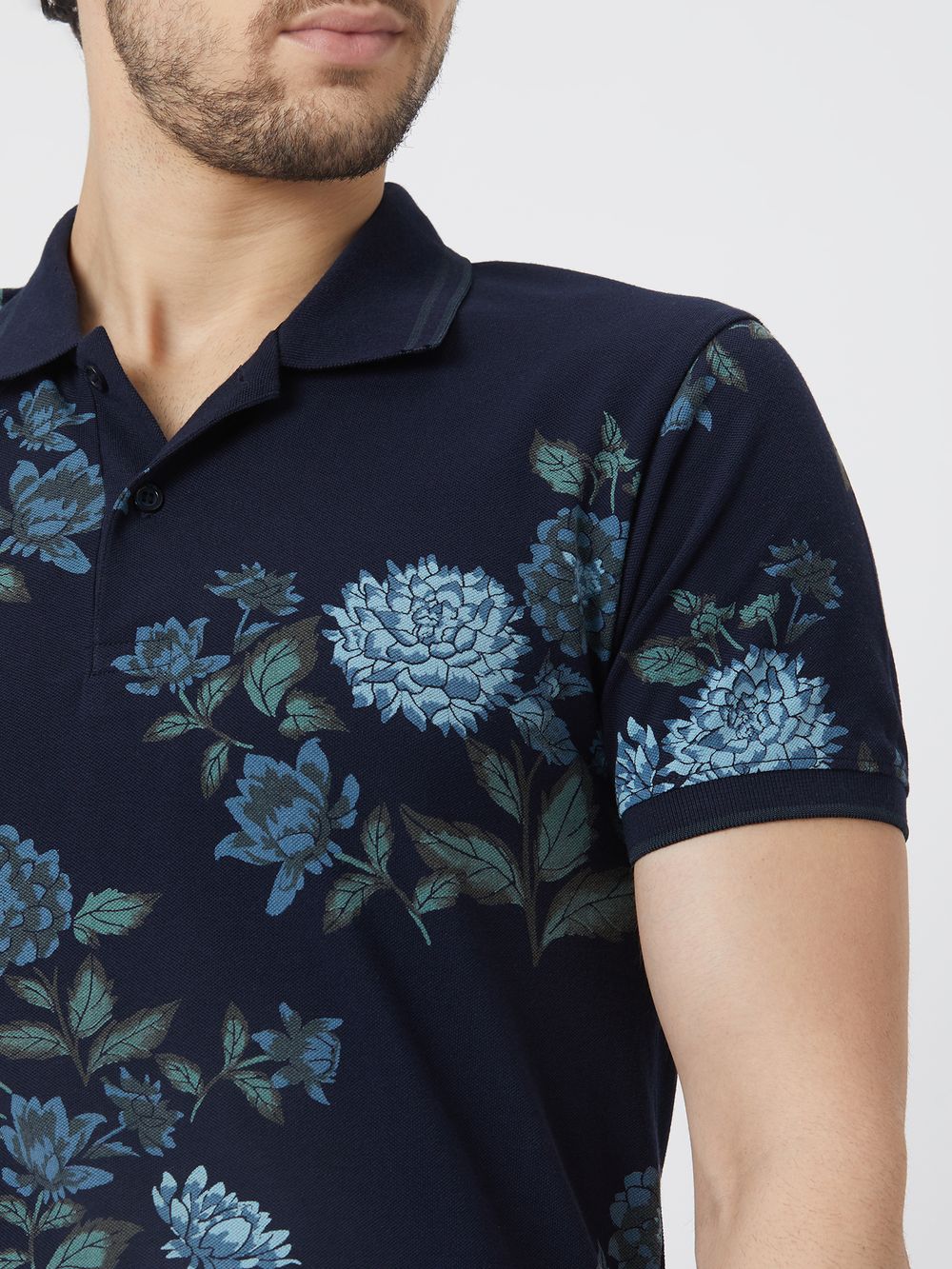 Navy & Blue Floral Print Pique Polo T-Shirt