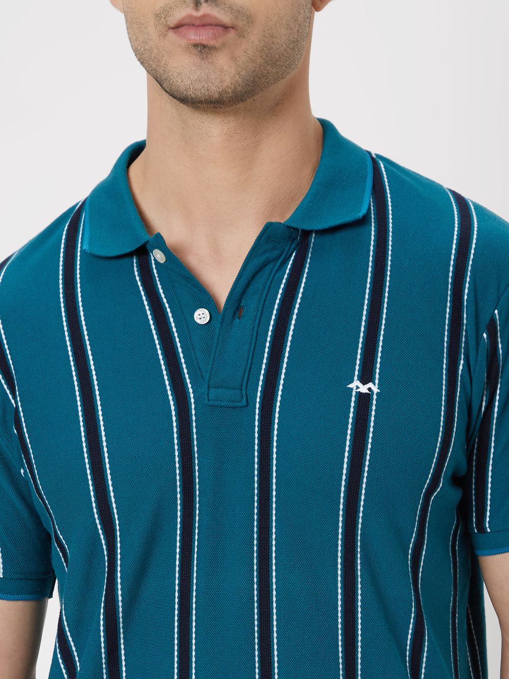 Blue & White Textured Stripe Polo T-Shirt
