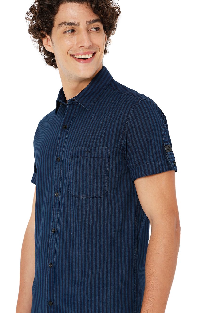 Dark Indigo Blue Tonal Stripe Slim Fit Casual Shirt