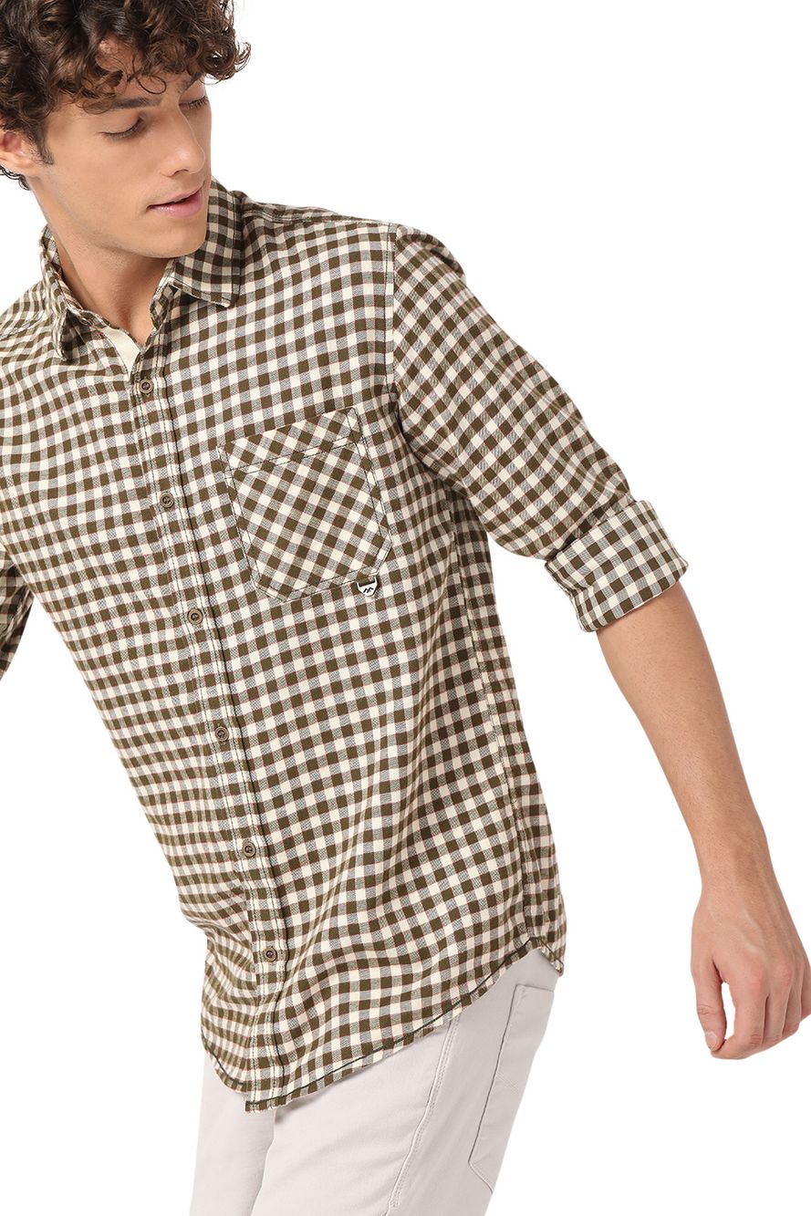 Off White & Olive Flannel Check Slim Fit Casual Shirt