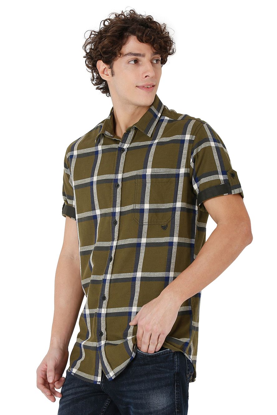 Olive & White Cotton Linen Check Slim Fit Casual Shirt