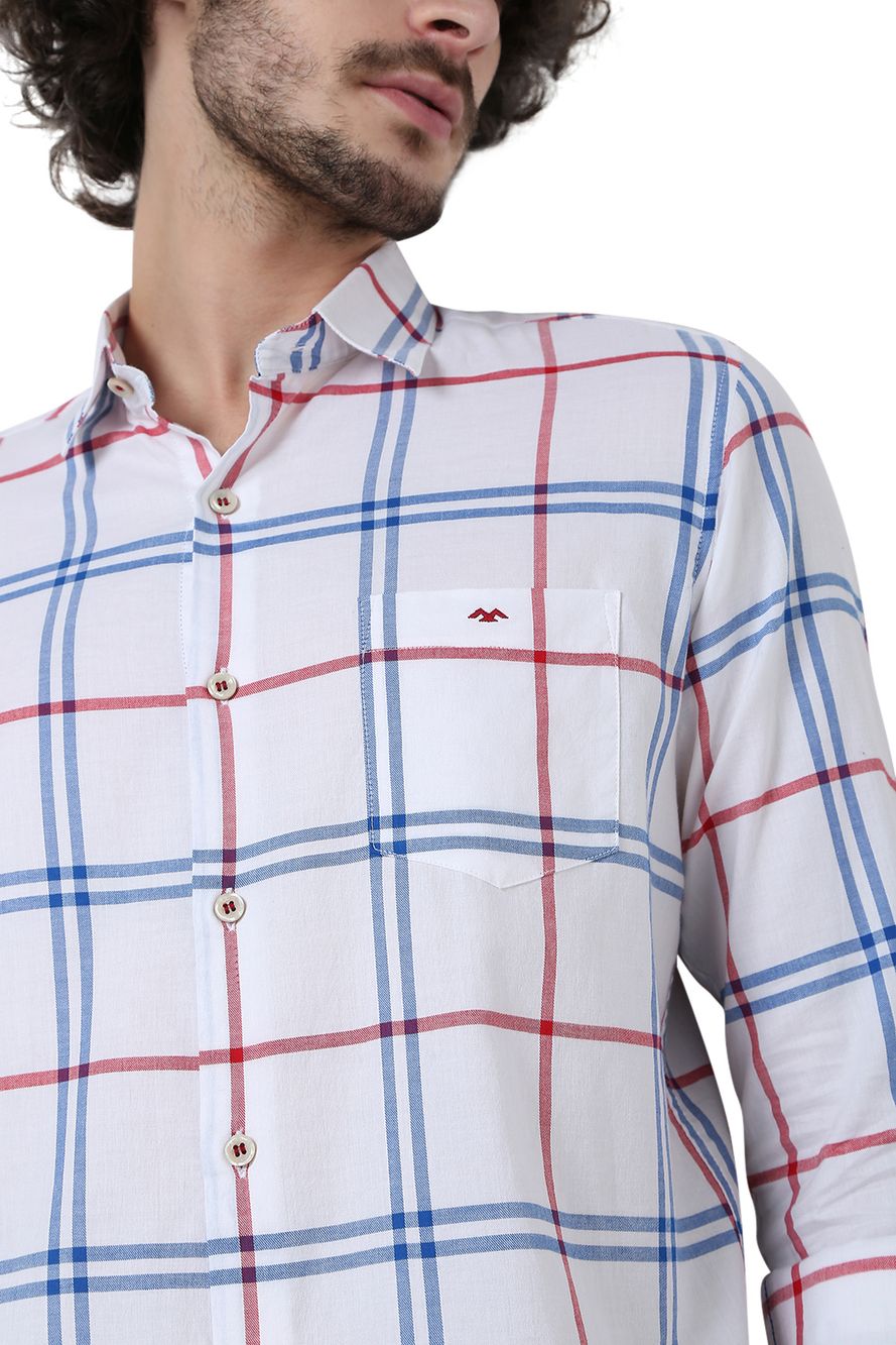 White & Red Lightweight Check Slim Fit Casual Shirt