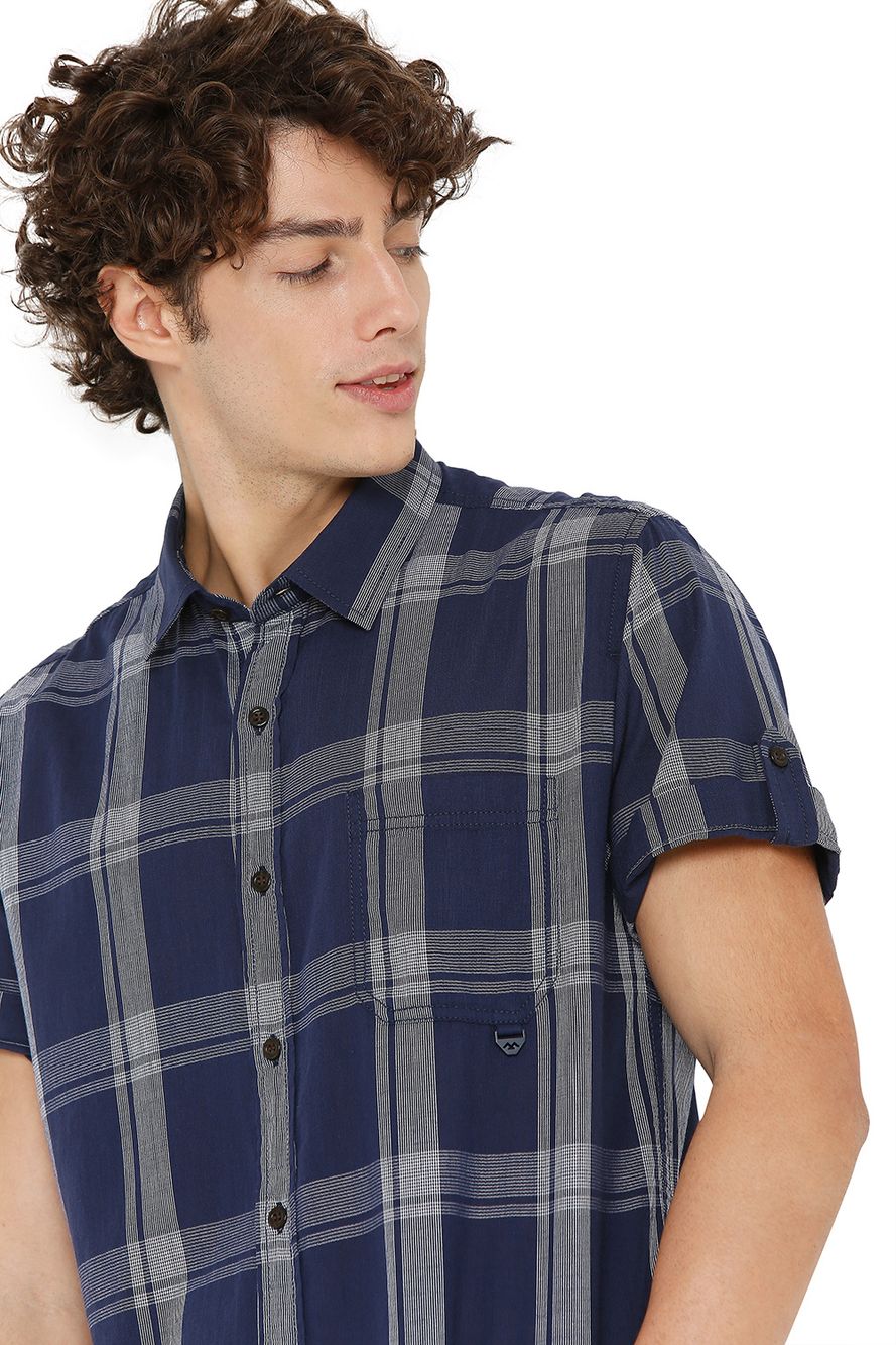 Navy & White Check Slim Fit Casual Shirt