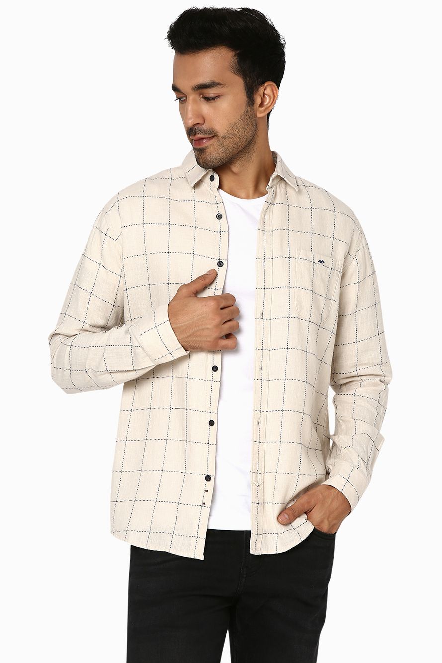 Off White & Navy Windowpane Check Slim Fit Casual Shirt