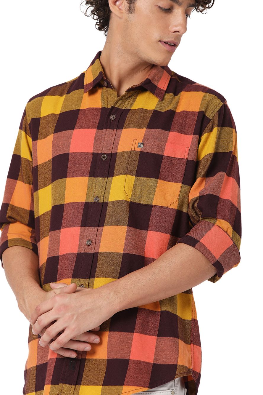 Yellow & Maroon Madras Check Slim Fit Casual Shirt