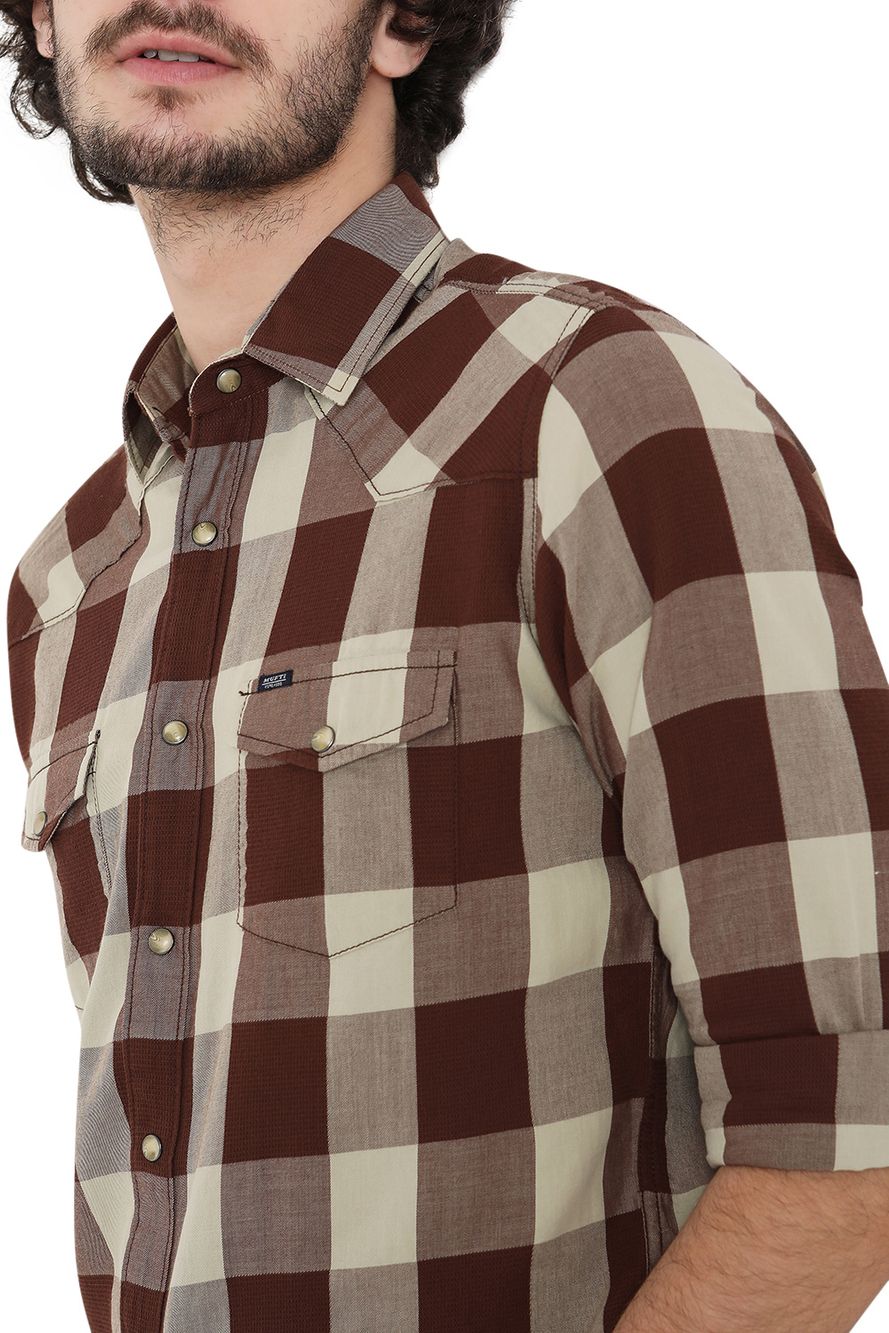 Brown & Off White Western Check Slim Fit Casual Shirt